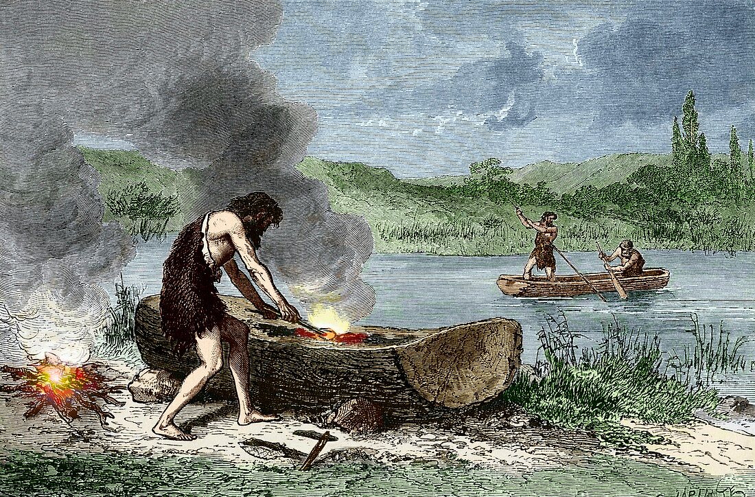 Early humans building and using boats