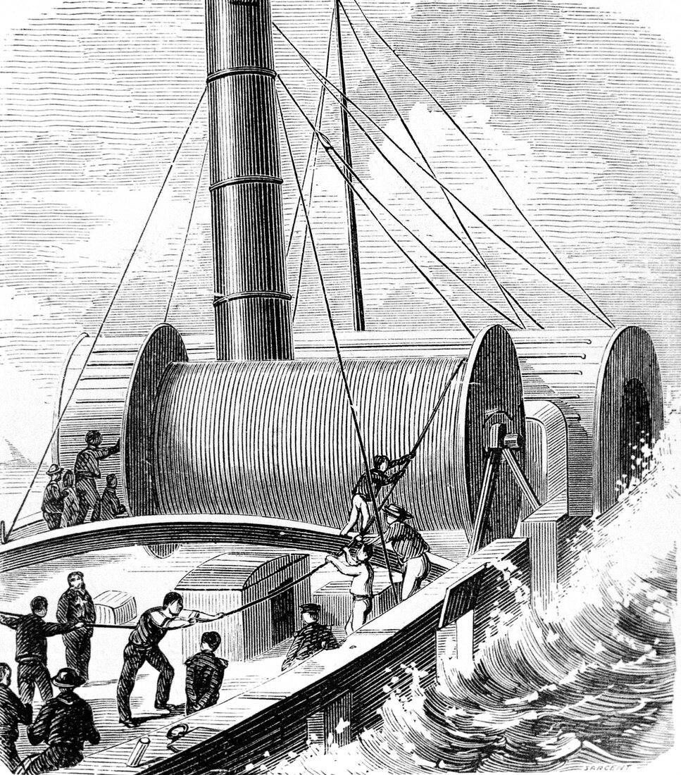 Laying the first Dover-Calais telegraph cable