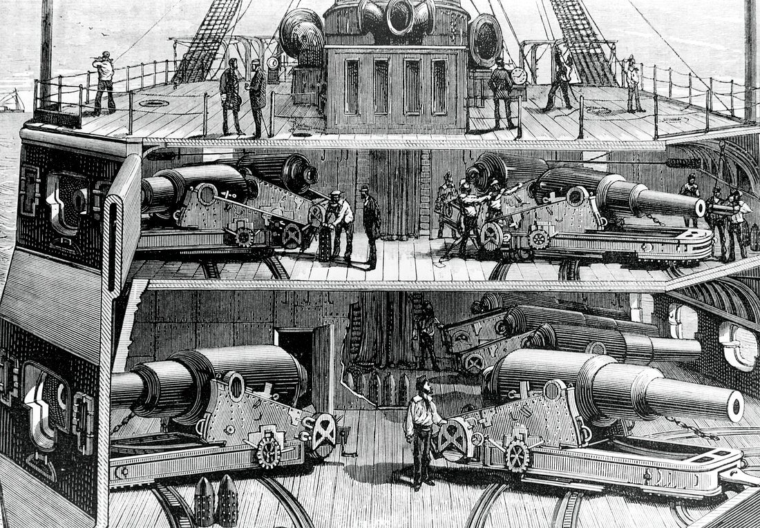 Cut-away view of the inside of an armoured ship