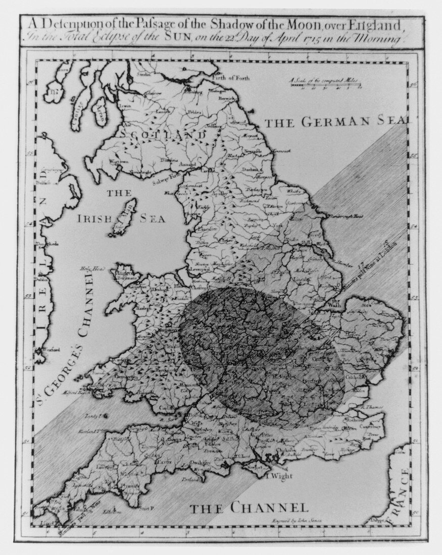 Halley's map of the shadow of an eclipse over UK