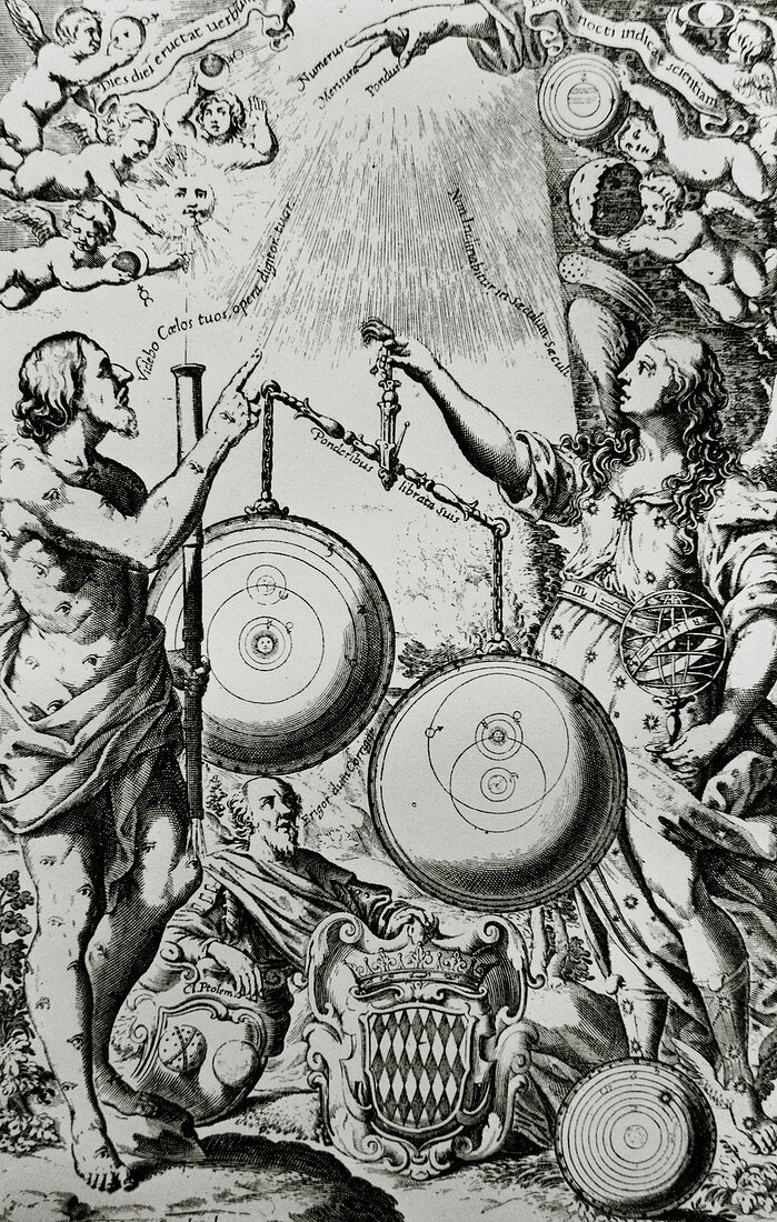 Engraving of the Copernican and Ptolemaic systems
