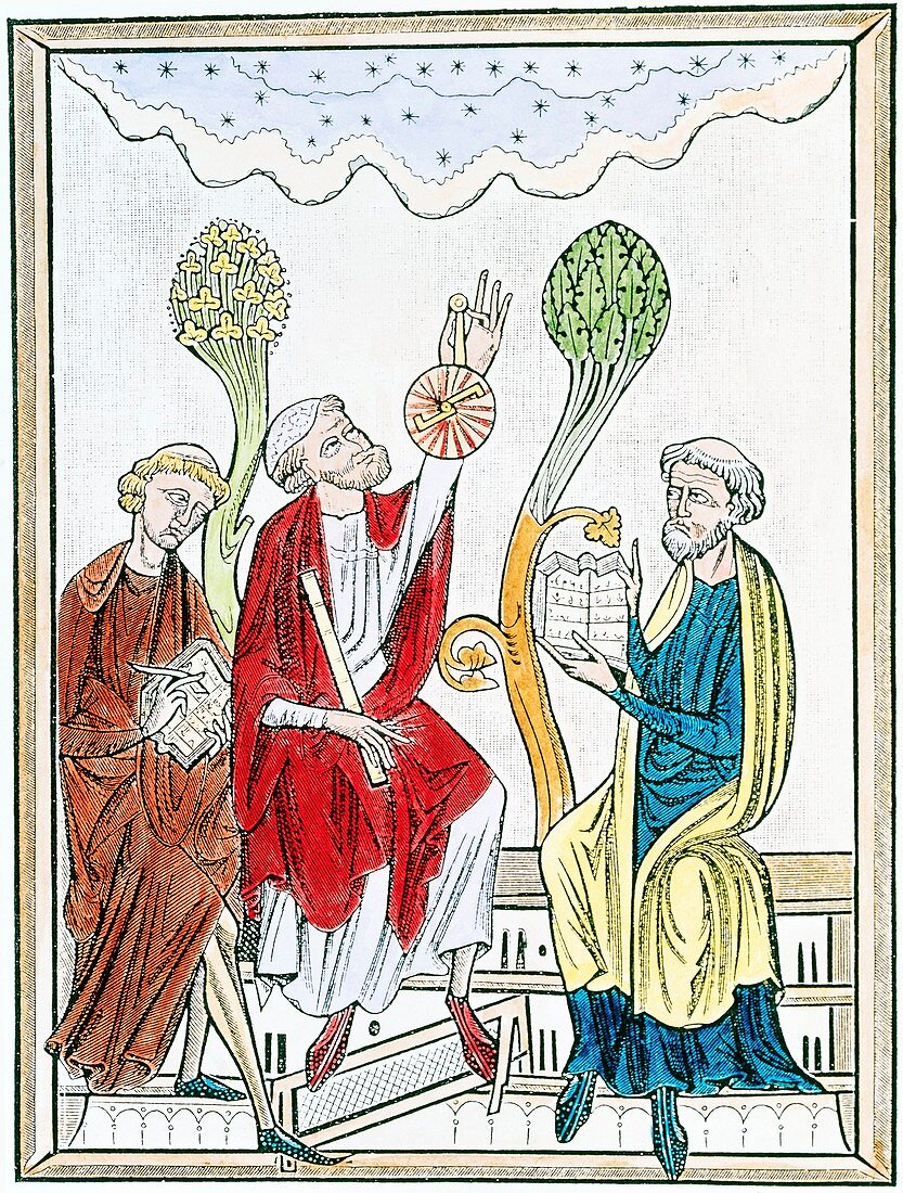 Coloured artwork of 13th century astronomy lecture