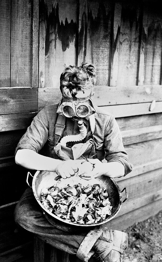 First World War soldier with gas mask
