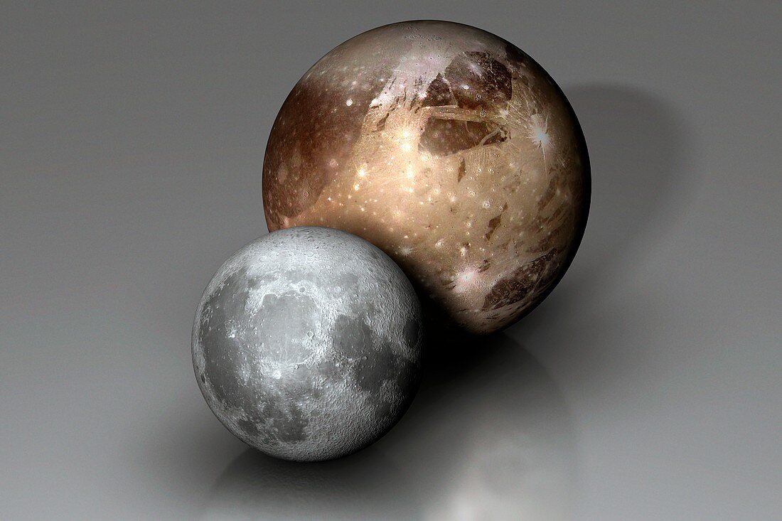 Artwork comparing the Moon and Ganymede