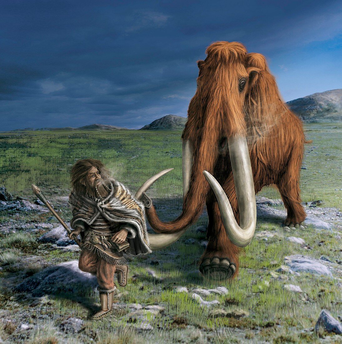 Mammoth chasing a caveman,artwork