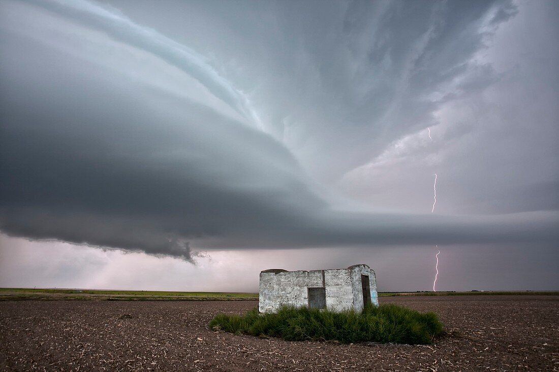 Supercell thunderstorm and farmstead