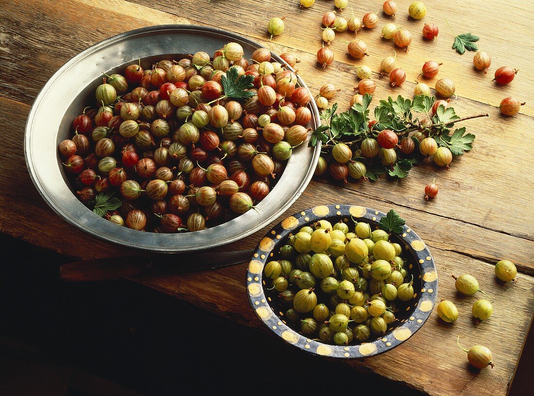 Grüne und rote Stachelbeeren in der Schale auf Holztisch