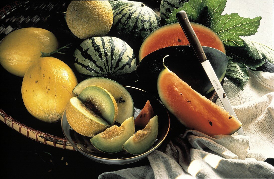 Assorted Melons in a Bowl and Basket