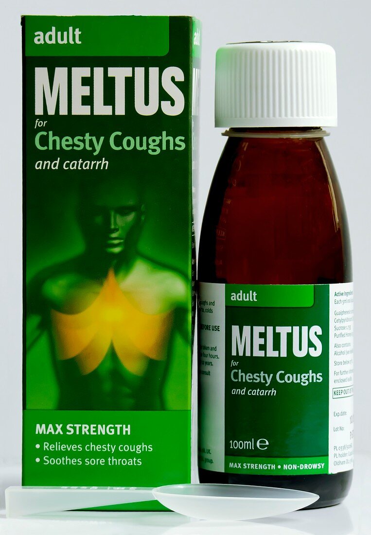 Meltus adult cough syrup and packaging