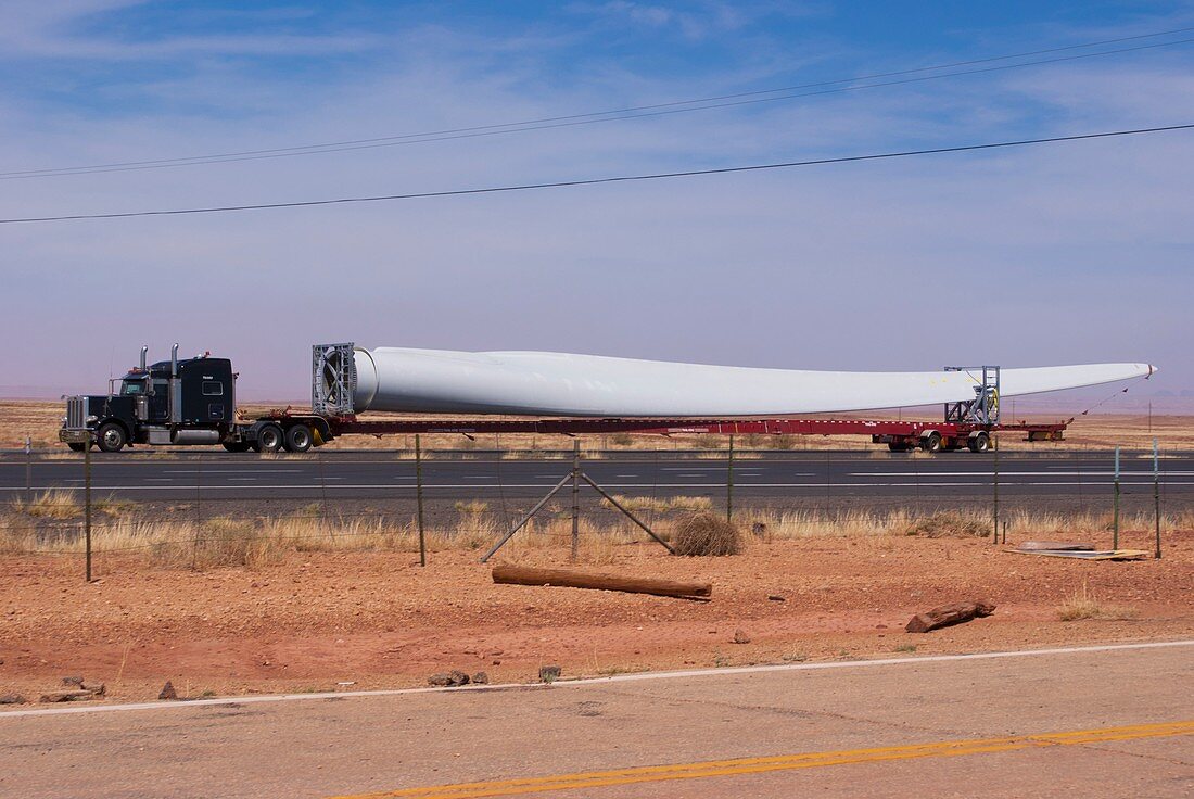 Wind turbine blade on low-loader truck