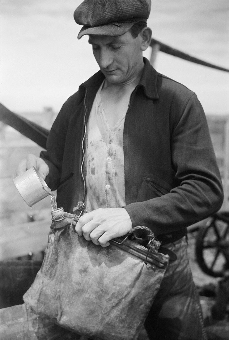 Sheepherder filling water bag,1939