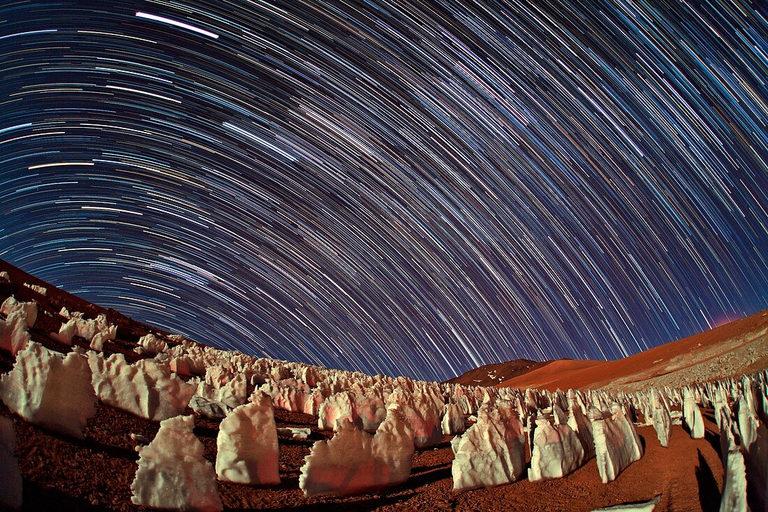 Star trails over an Andean ice field