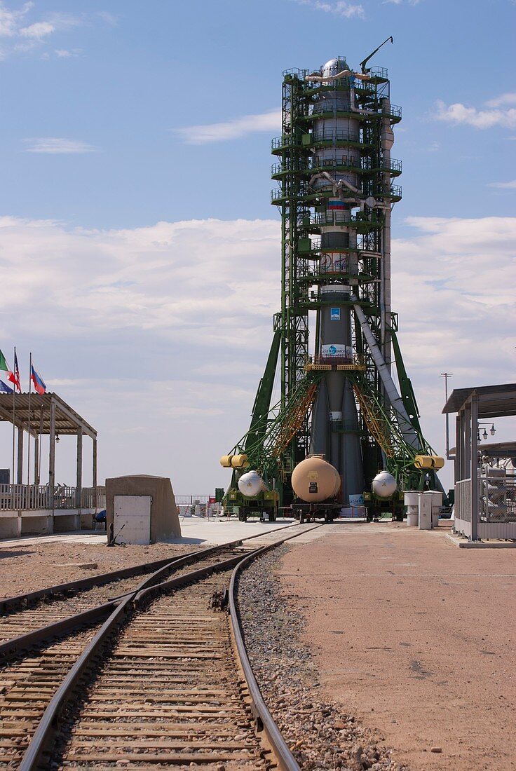 Soyuz rocket on launch pad at Baikonur