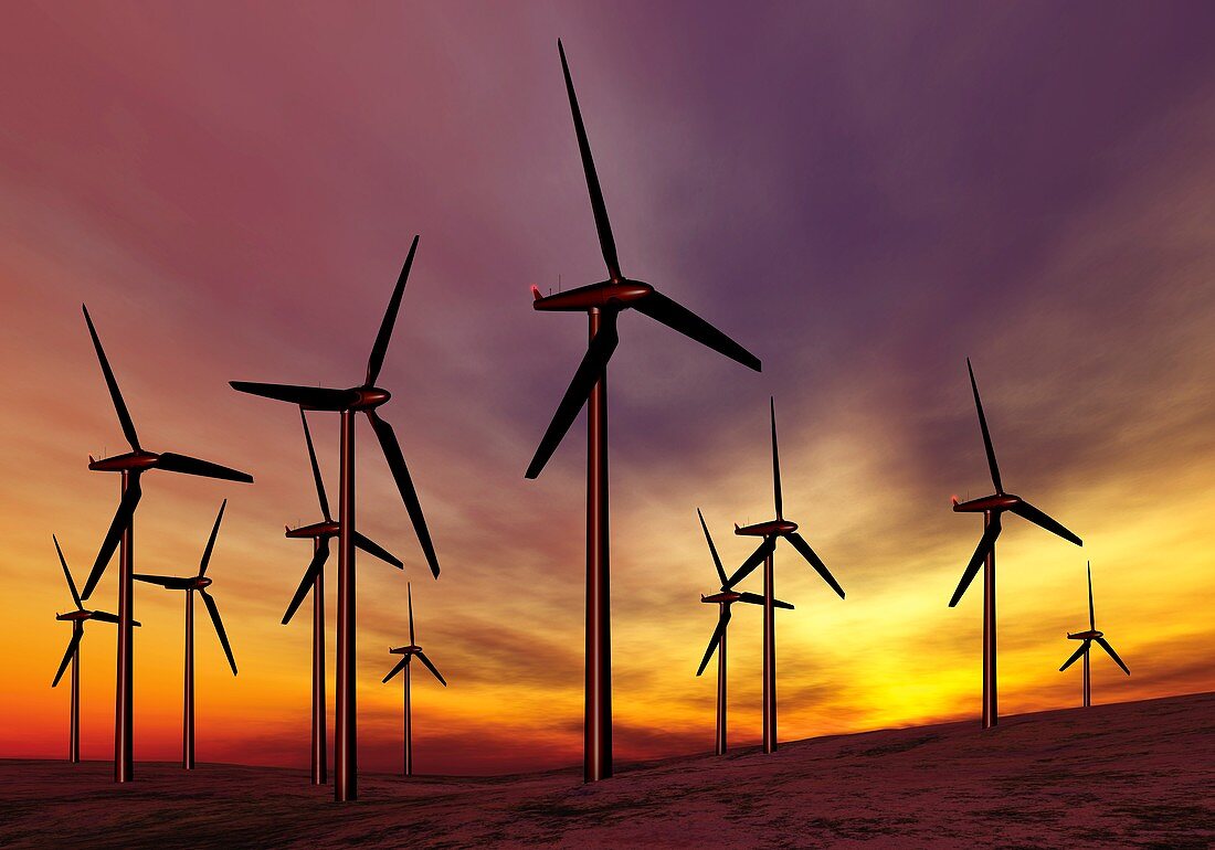 Wind turbines at sunset,artwork