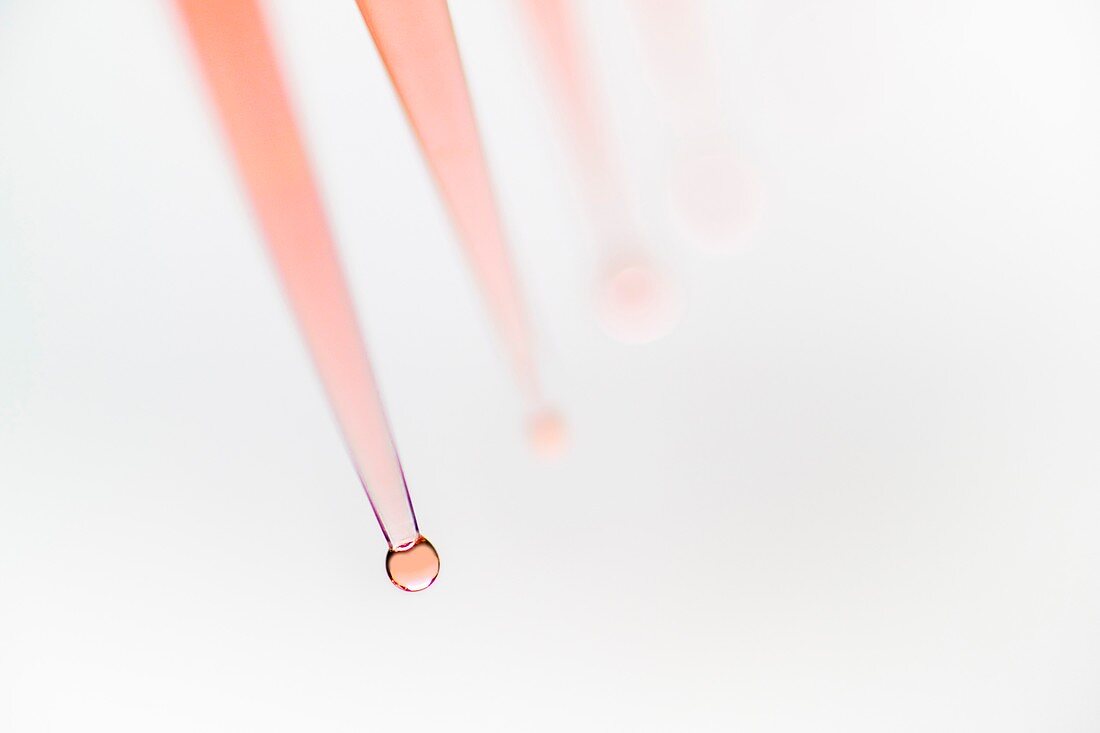 Multi-pipette with drops of red liquid