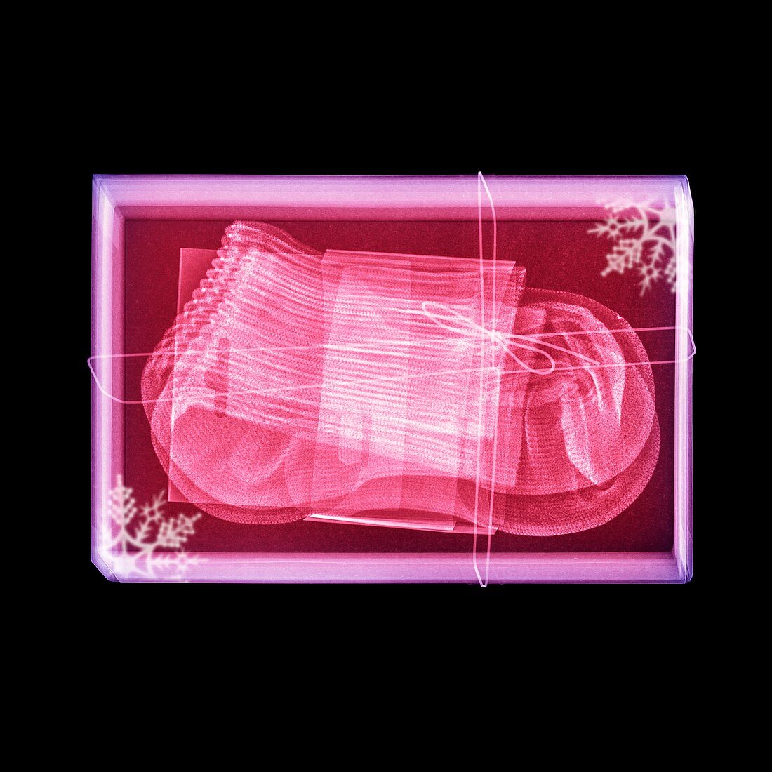 Coloured x-ray of socks in a gift box