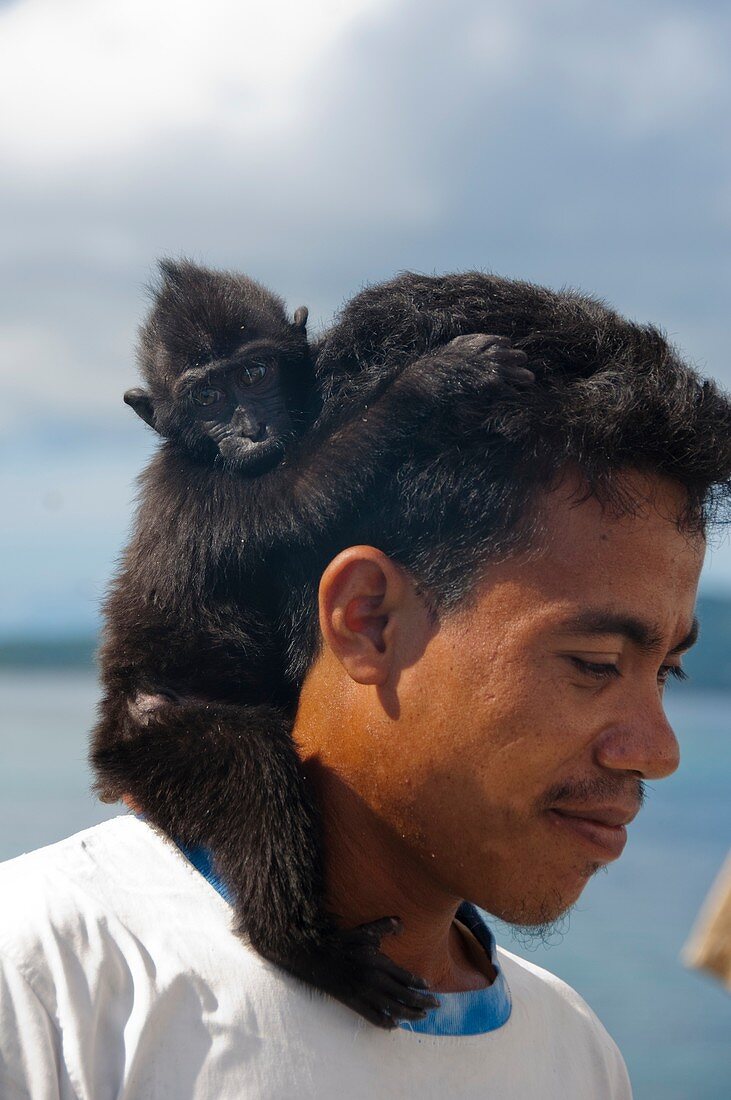 Man with pet monkey in Indonesia