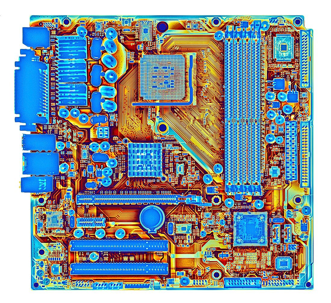 Computer motherboard,coloured X-ray