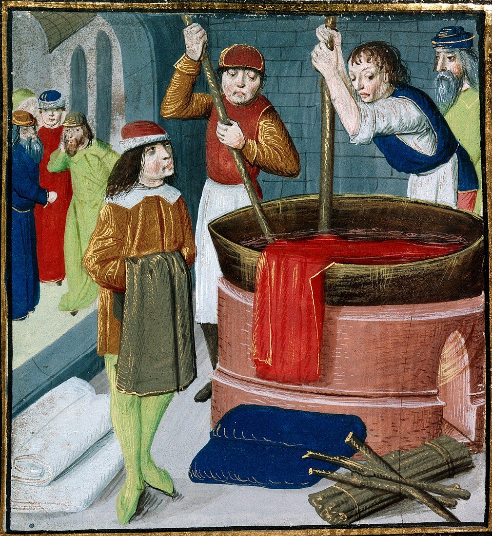 Dyeing cloth,15th-century manuscript