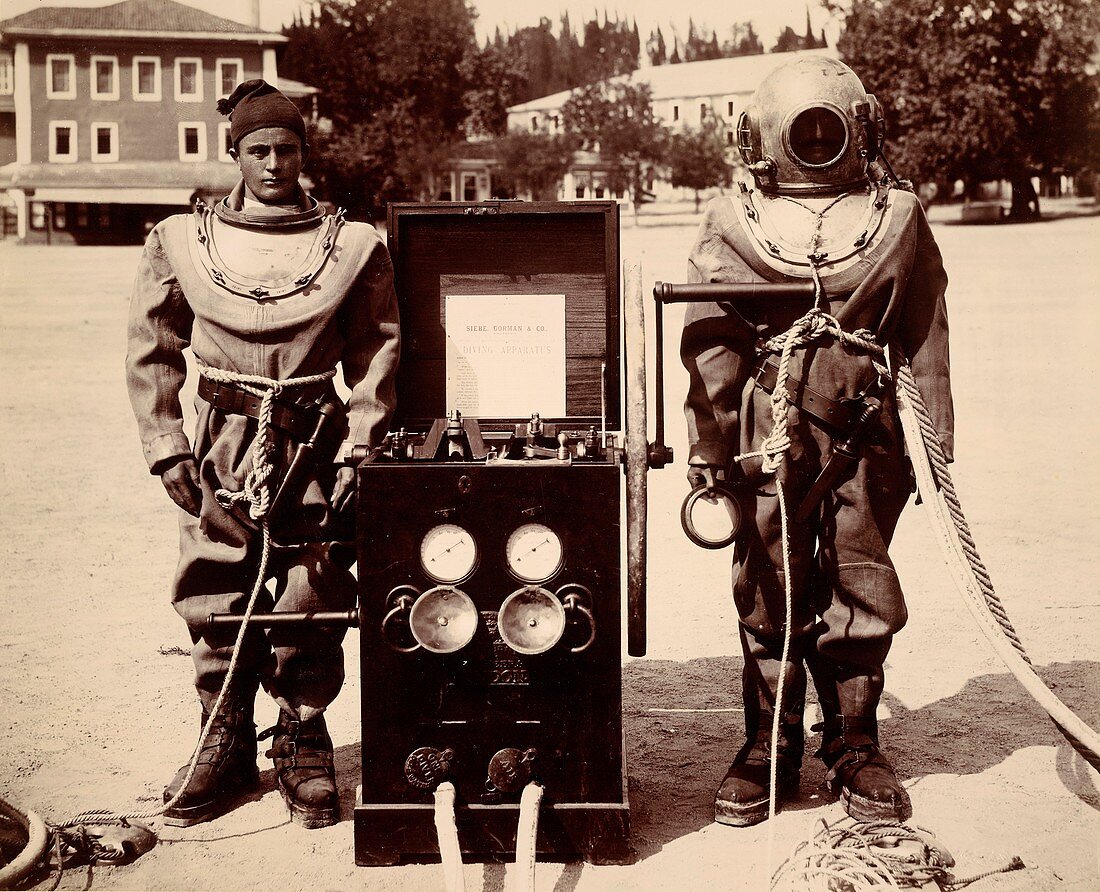 Naval divers in diving suits,1890s