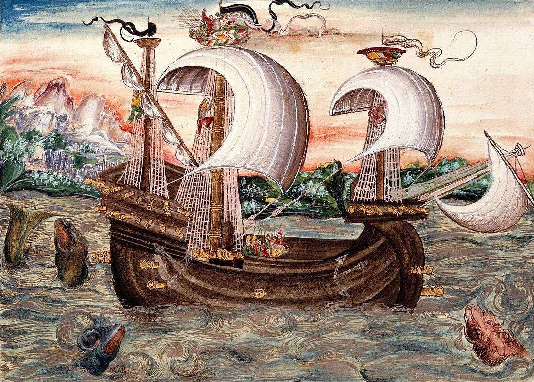 Galleon sails to Portugal,16th century