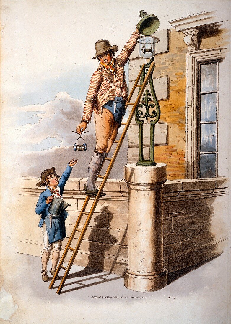 Changing street lamp burner,1805