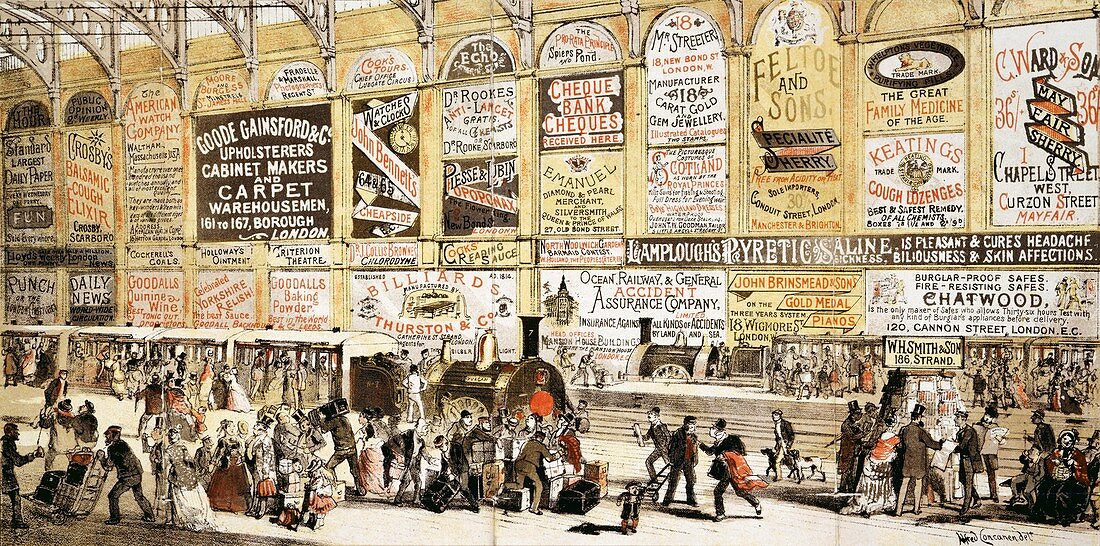 Railway station advertising,1870s