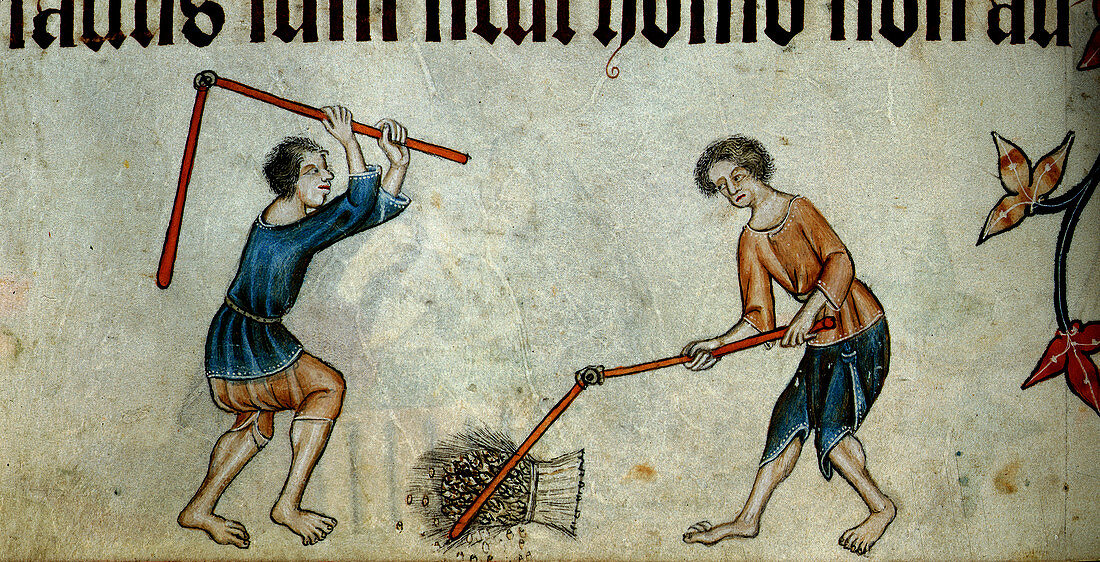 Two men threshing sheaf