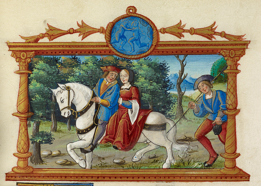 Man and woman riding horse