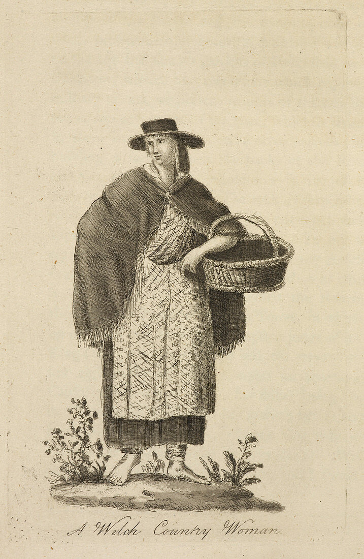 A Welsh country woman carrying a basket