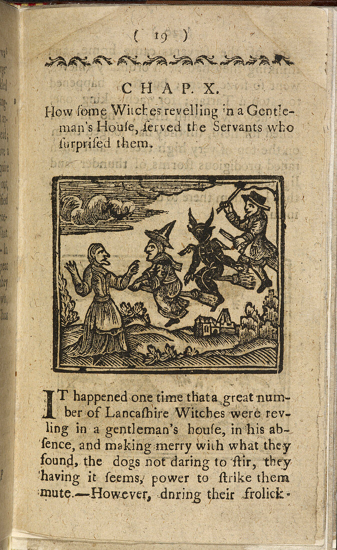 A witch and demon flying on broomsticks