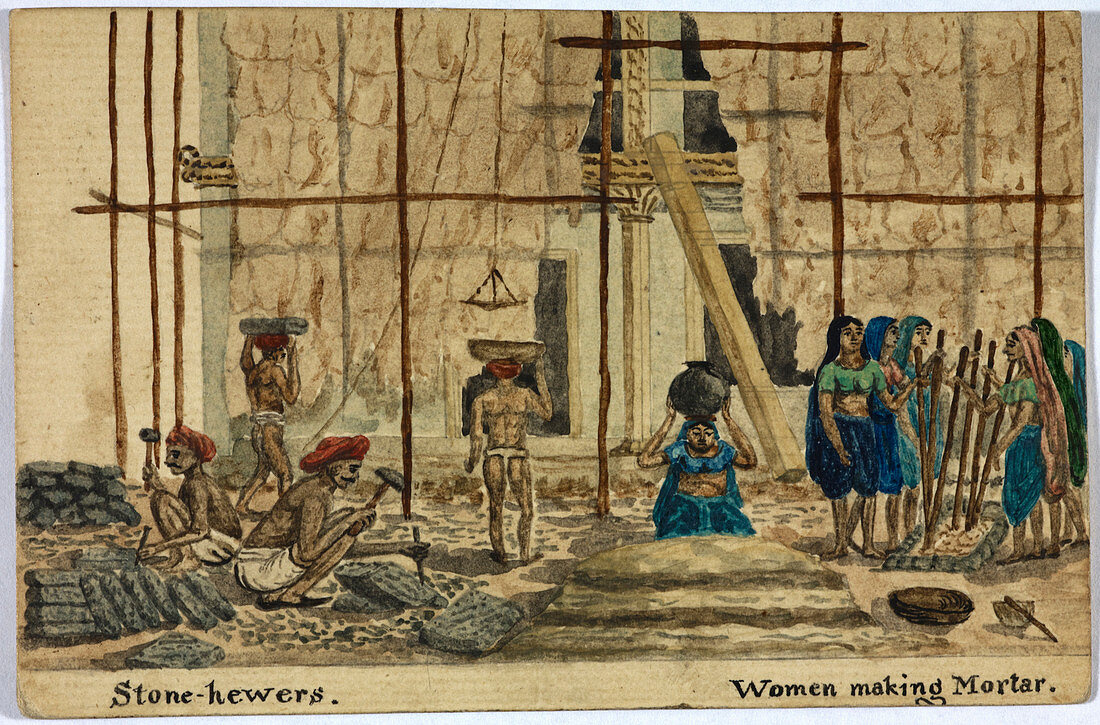 Stone-hewers and women making mortar