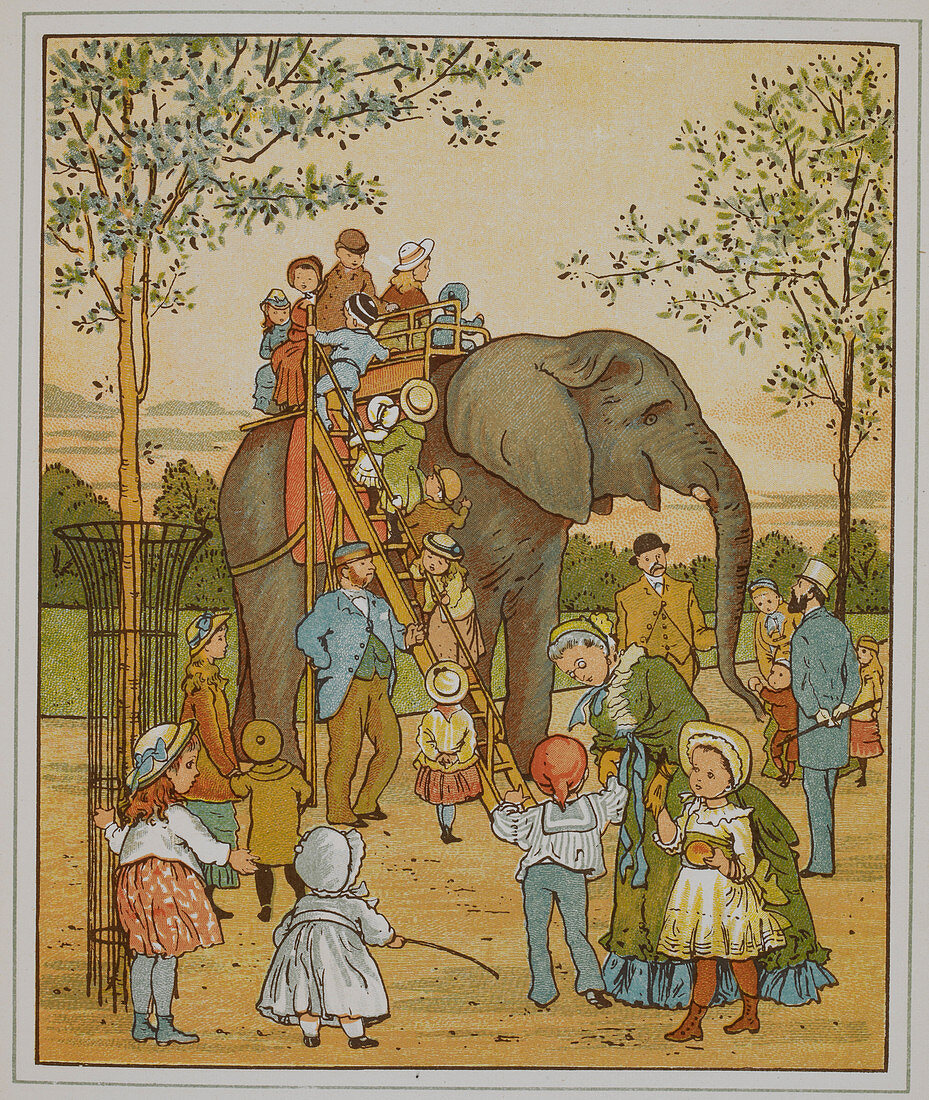 Children riding an elephant at London zoo