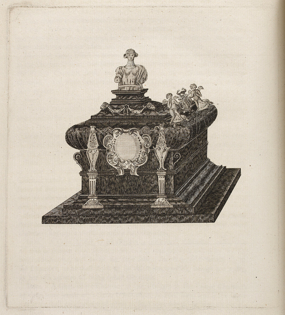 A tomb or casket with a bust or statue