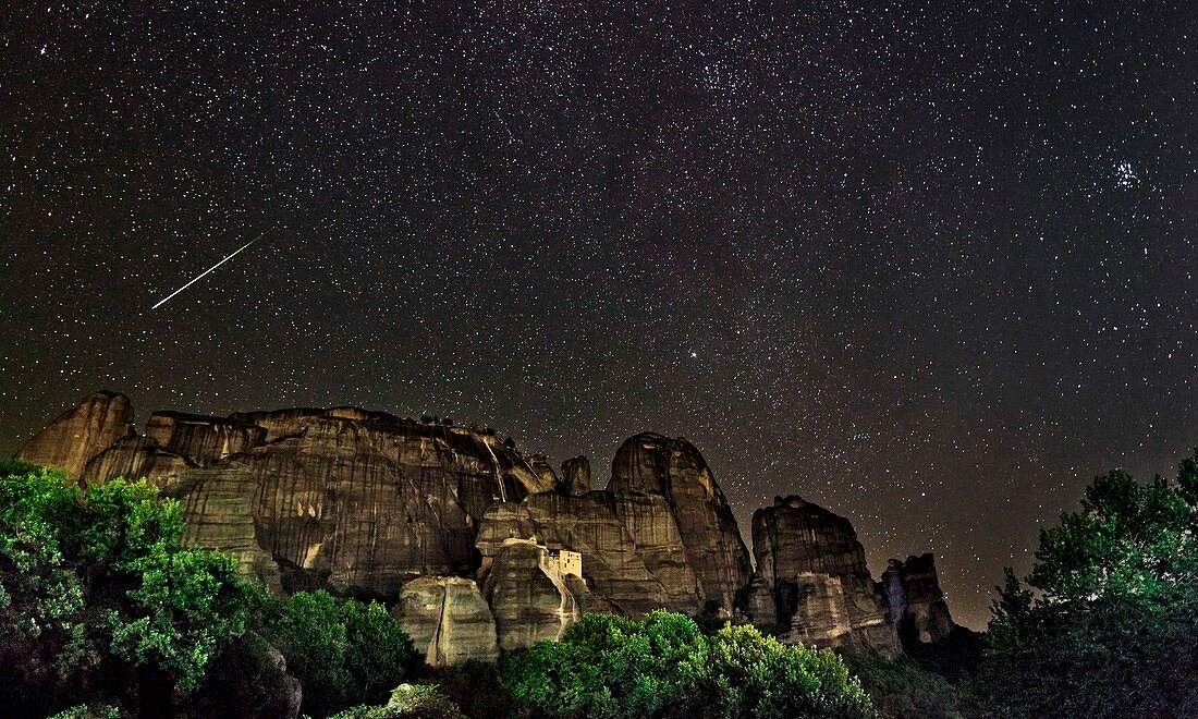 Perseid meteor track over Meteora,Greece
