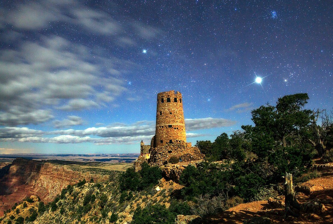 Night sky over Grand Canyon watchtower