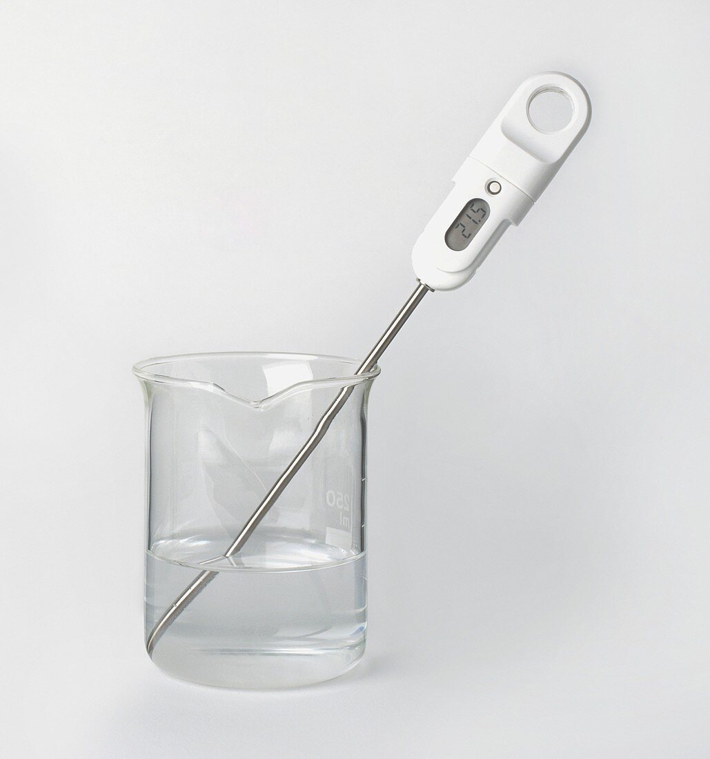 Digital thermometer in beaker of water