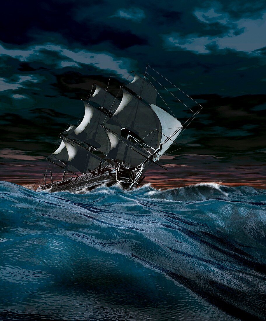 Sailing ship in rough weather,artwork