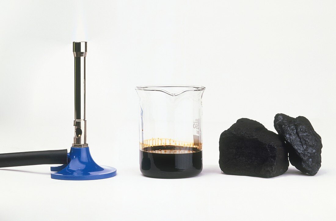 Bunsen burner,beaker and coal