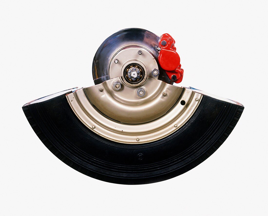 Cross-section of wheel showing disc brake