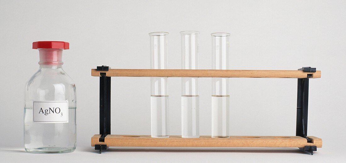 Three test tubes on rack and AgNO3