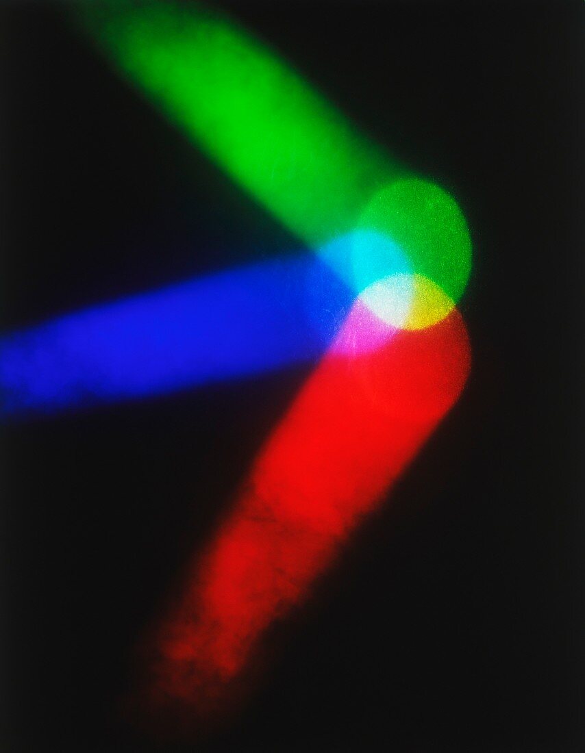 Red,blue and green spotlights converging
