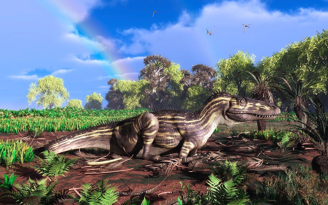Torvosaurus and rainbow,artwork