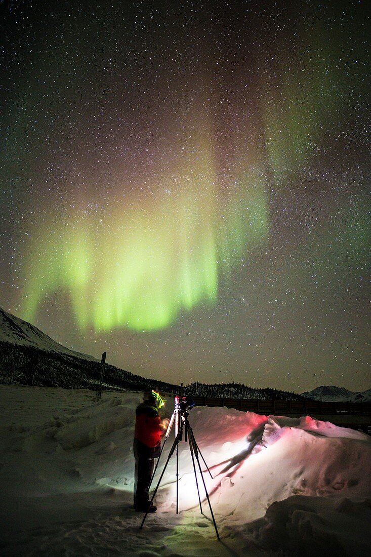 Aurora Borealis and Photographer,Alaska