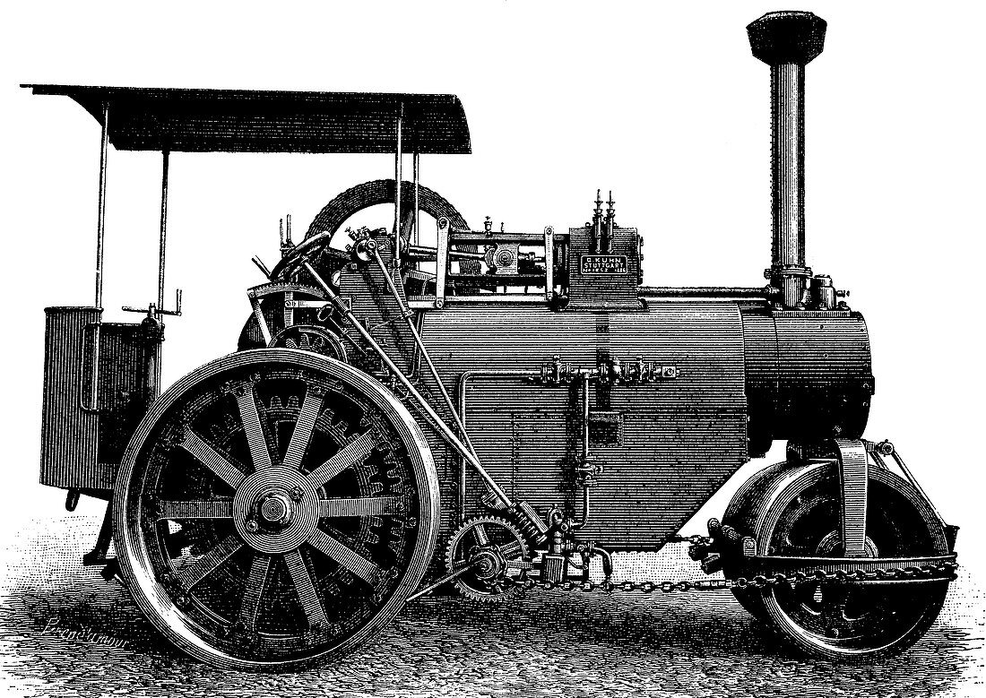 Steam road roller,19th century artwork