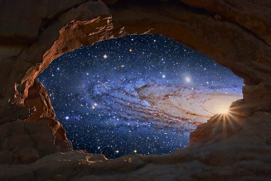 Galaxy seen through a rock arch