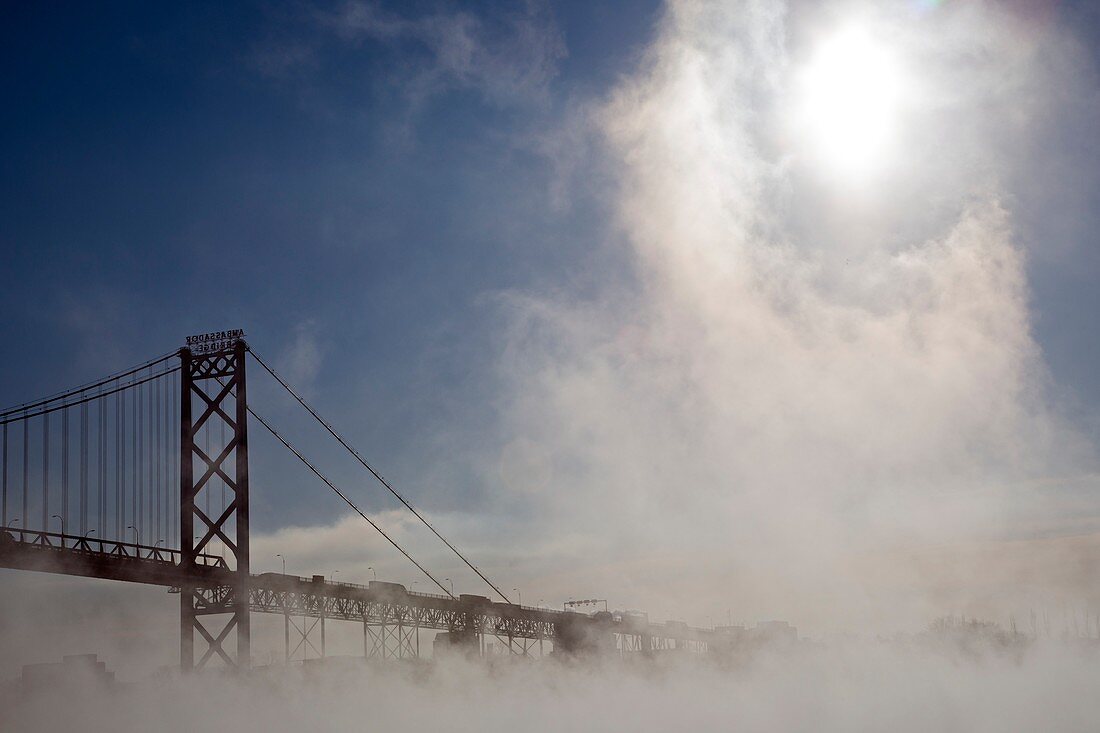 Mist-shrouded bridge,Detroit River