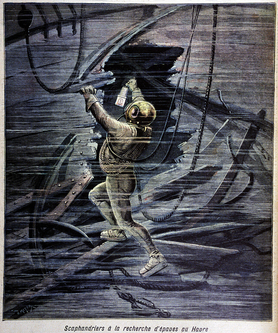 Diver examining a shipwreck,illustration