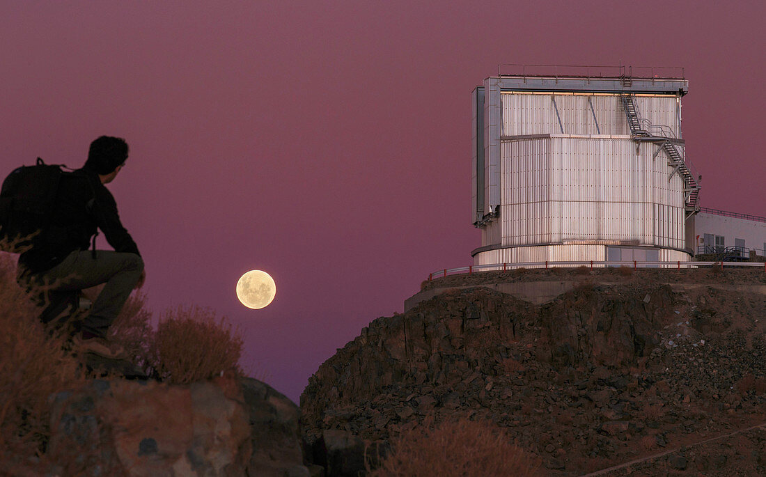 Moonrise behind the NTT telescope,Chile
