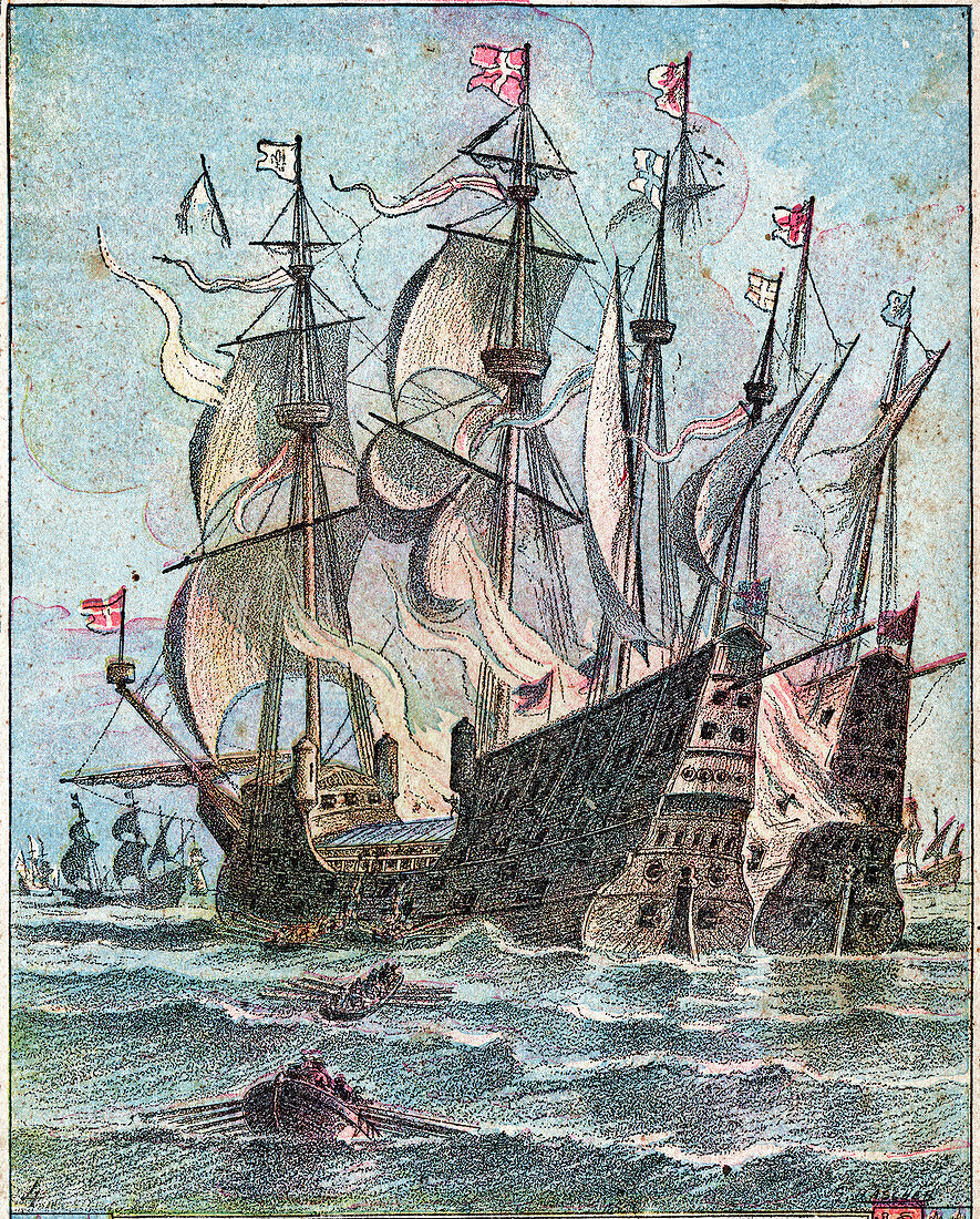 16th Century naval battle,illustration